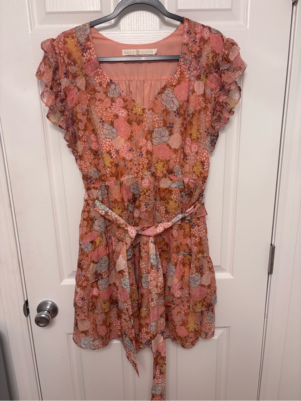 Marie Oliver Pink Floral Ruffle Tie-Waist Dress